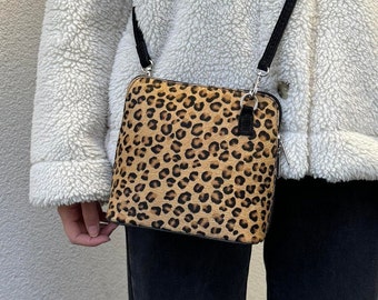 Leopard print Genuine Suede Leather Handbag with Detachable Straps, Suede Crossbody Bag, Classic Suede Handbag, Elegant Women's Handbag