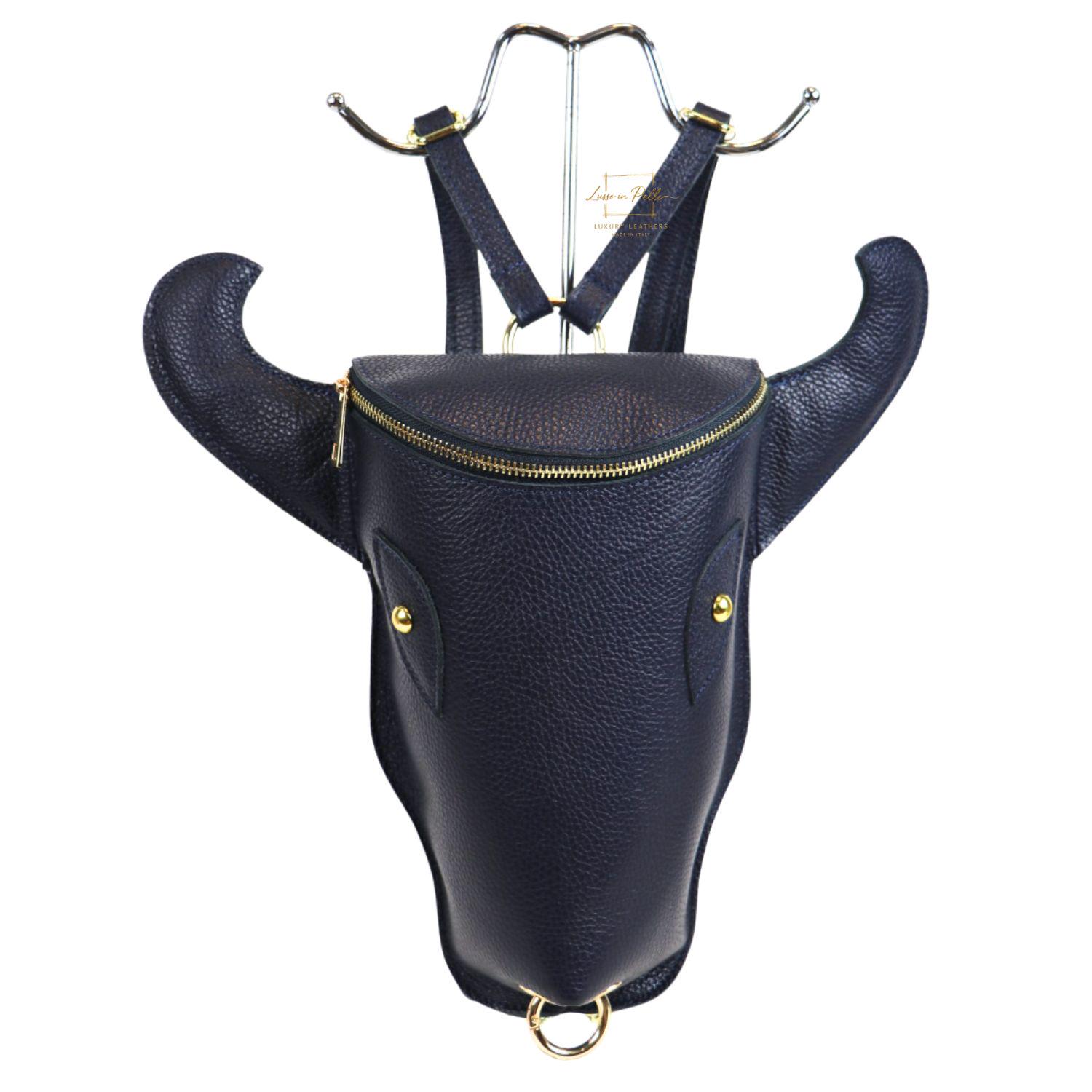 Navy Cow Head Leather Backpack: Handmade Italian Travel Bag 