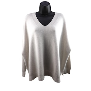 Beige V-Neck Oversized Fine Knit Jumper – Lightweight, Soft, Elegant, Minimalist Style, One Size (UK 8-16), Versatile Layering Knitwear