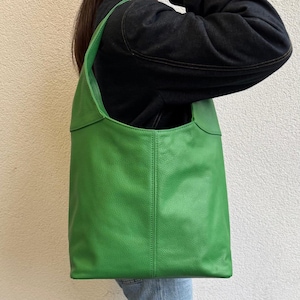 Lime Green Genuine Leather Hobo Bag Handcrafted Practical Leather Tote Bag Large Everyday Shoulder Bag Gift For Her & Him Stylish School Bag
