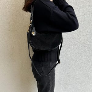 Black Half Moon Genuine Italian Leather Handbag with Detachable Crossbody Straps Handmade Black Suede Leather Shoulder Bag Elegant Women Bag