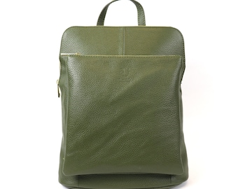 Versatile Italian Pebbled Leather Backpack for Laptop Green Casual Backpack Handcrafted Backpack Women&#39;s Leather Rucksack Everyday Backpack