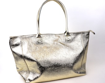 Gold Metallic Italian Leather Shoulder Bag Handmade Leather Shopper Bag Versatile Top Handle Handbag Elegant Women&#39;s Large Bag for Laptop