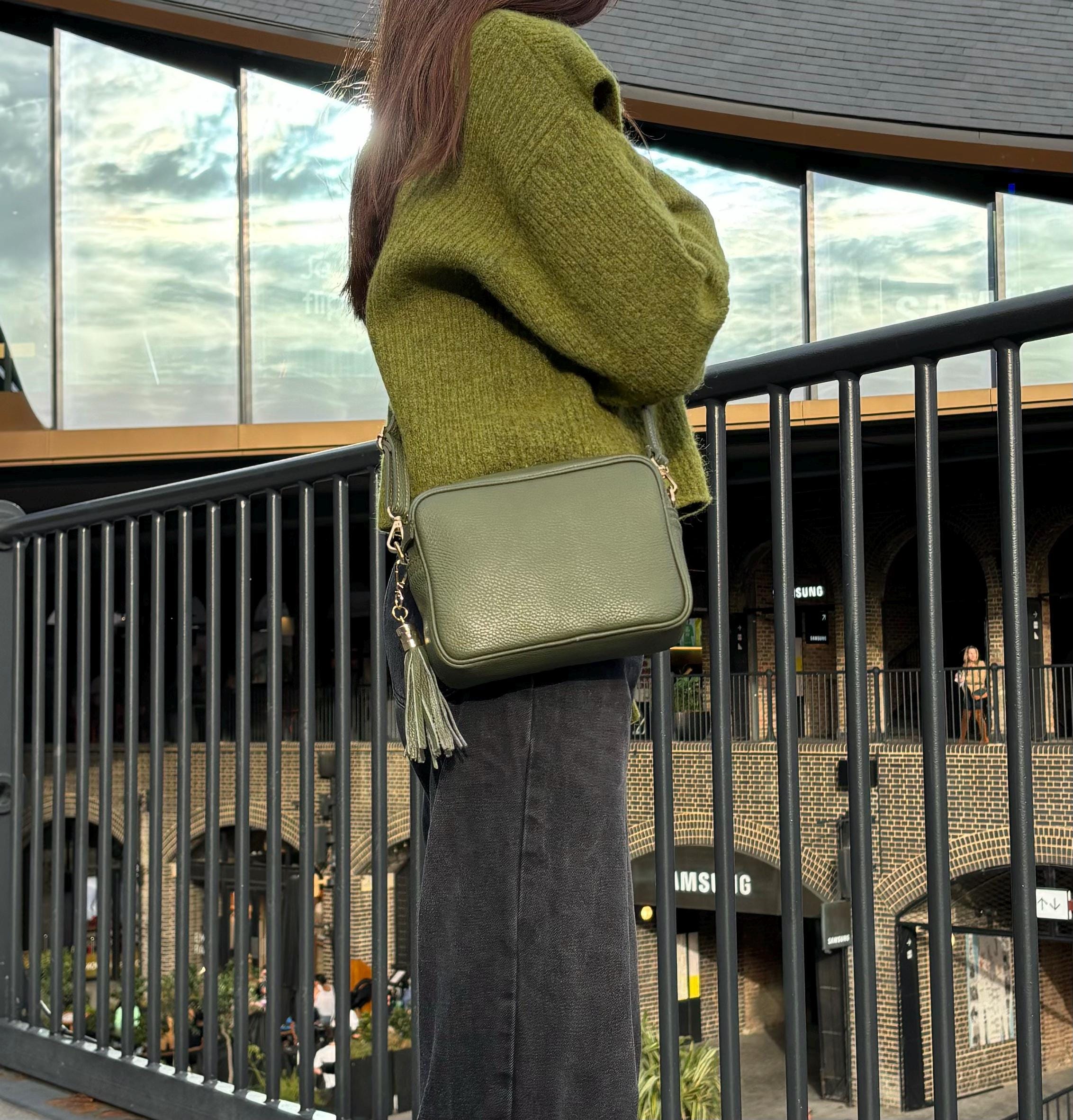 Olive Green Italian Leather Crossbody Bag: Elegant