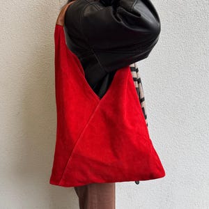 Red Large Genuine Italian Suede Tote Bag Everyday Practical Shoulder Bag Handmade Suede Shopper Bag Large Hobo Bag for Laptop