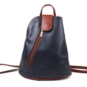 Small Navy and Tan Italian Soft Leather Backpack Handcrafted Genuine Leather Rucksack Women&#39;s Leather Navy Blue Everyday Casual Backpack