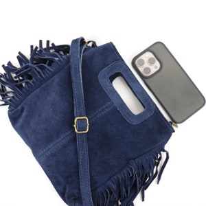 Sac à main bohème bleu marine en daim à pampilles avec bretelles réglables et amovibles Sac à bandoulière en daim véritable Sac à main classique Sac pour femme élégant
