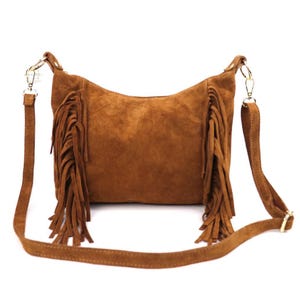Tan Suede Crossbody Bag: Handmade Leather Messenger with Tassel