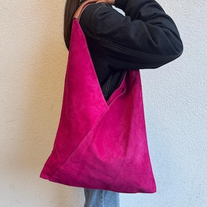 Fuchsia Large Genuine Italian Suede Tote Bag Everyday Practical Shoulder Bag Handmade Suede Shopper Bag Large Hobo Bag for Laptop