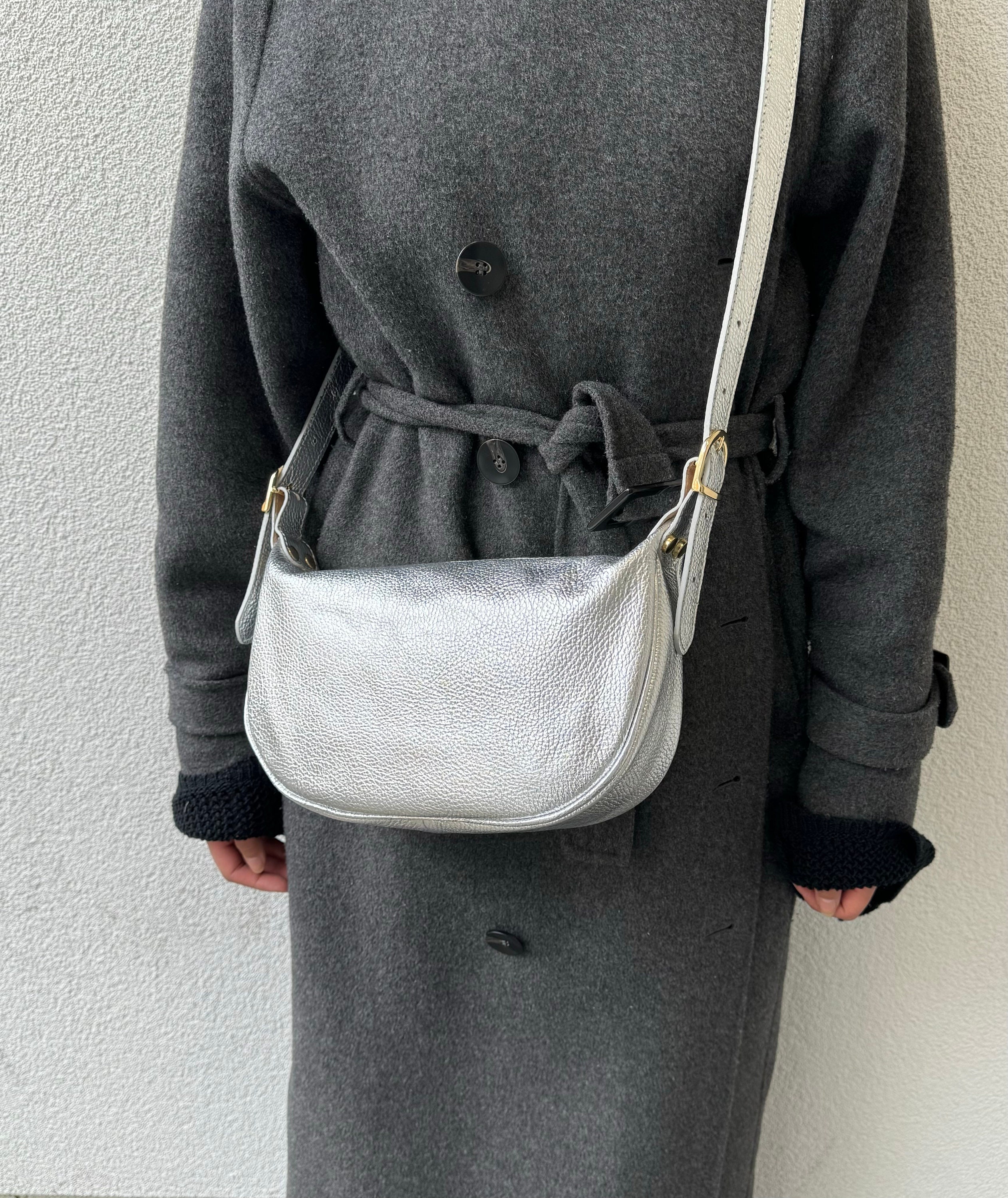 Half Moon Silver Genuine Leather Handbag With Detachable