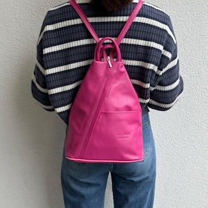 Vera Pelle Sac à dos italien en cuir souple rose fuchsia Fabriqué à la main en cuir véritable Sac à dos décontracté pour femme fuchsia au quotidien