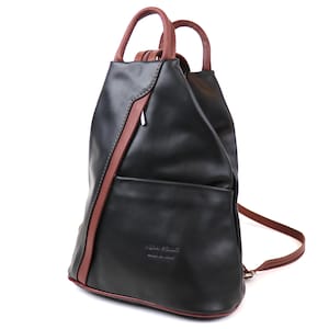 Vera Pelle Black and Tan Italian Soft Leather Backpack Handcrafted Genuine Leather Rucksack Women&#39;s Leather Black Everyday Casual Backpack
