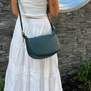 Half Moon Teal Genuine Leather Bag with Detachable Straps Handmade Leather Crossbody Bag Classic Dark Teal Handbag Elegant Women&#39;s Sling Bag