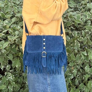 Denim Blue Suede Fringe Crossbody Bag: Handmade Italian Leather Shoulder Bag