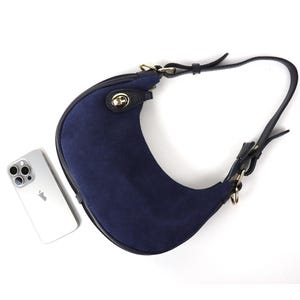 Navy Half Moon Genuine Italian Leather Handbag Detachable Shoulder Crossbody Straps Handmade Navy Leather Shoulder Bag Elegant Bag
