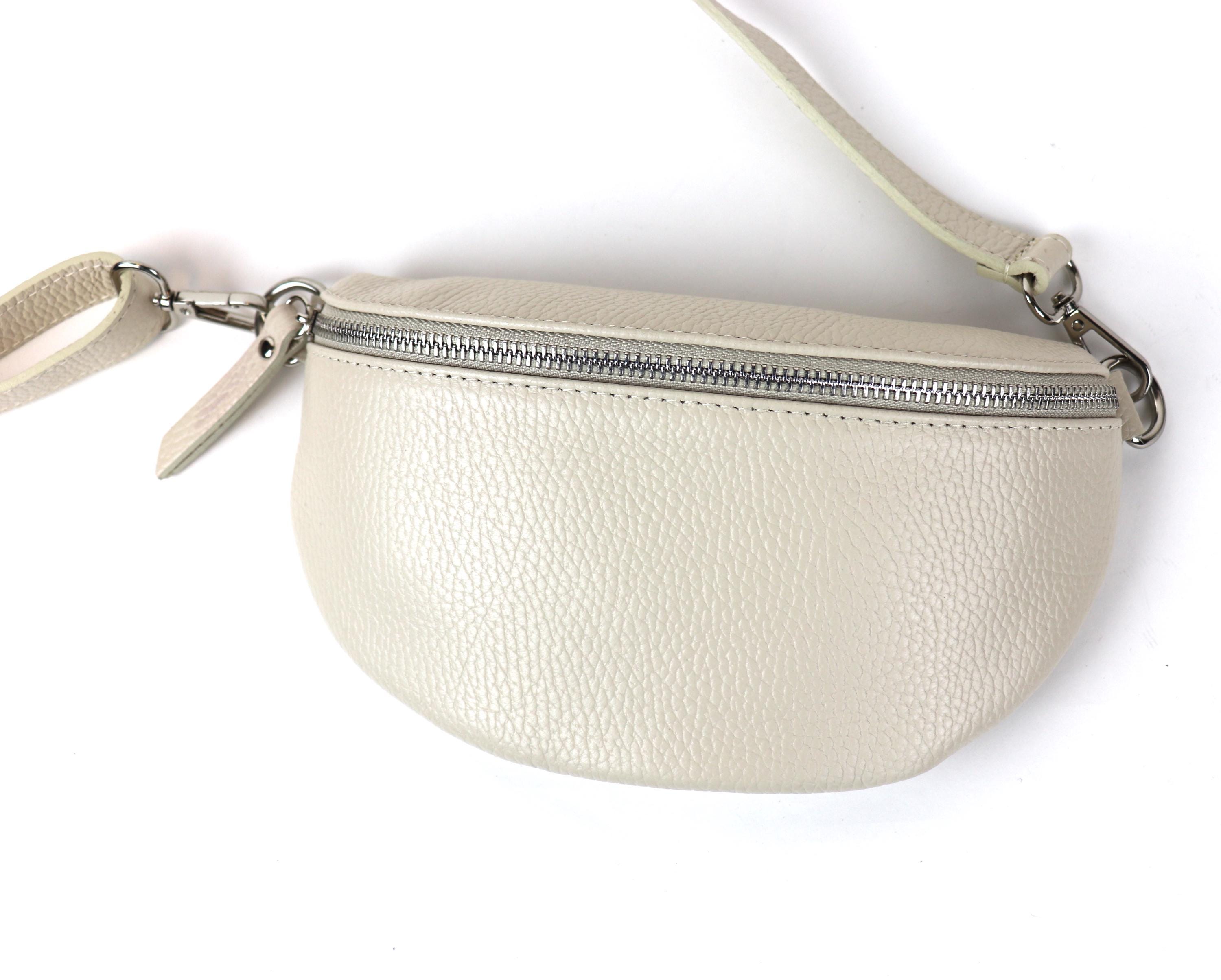 Small Cream White Genuine Leather Bumbag Handmade Grain
