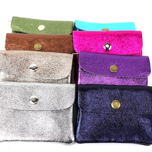 Petite pochette italienne en cuir métallisé Porte-monnaie en cuir véritable Mini portefeuille pour la monnaie Porte-cartes de crédit Portefeuille compact en cuir grainé