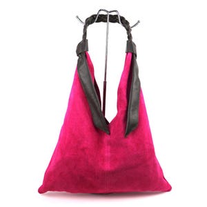 Fuchsia Genuine Suede Hobo Bag Soft Spacious Shoulder Bag with Braided Leather Strap Handmade Suede Shopper Bag Elegant Bag Made in Italy