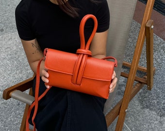 Burnt Orange Italian Leather Handbag with Detachable Straps Handmade Leather Versatile Clutch Top Handle Bag Elegant Women's Crossbody Bag