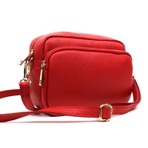 Sac à main rouge en cuir italien à double fermeture éclair avec bretelles amovibles Sac à bandoulière en cuir véritable Sac à main rouge classique Sac pour femme élégant