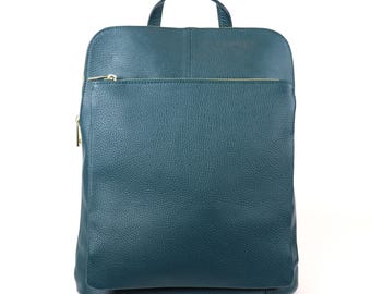 Handmade Versatile Italian Pebbled Leather Backpack Dark Teal Casual Backpack for Laptop Backpack Women&#39;s Leather Rucksack Everyday Backpack