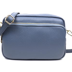 Denim Blue Italian Leather Crossbody Bag: Double Zip, Detachable Strap