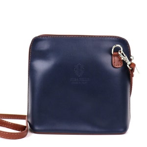 Bolso pequeño de piel italiana azul marino y tostado, hecho a mano, con correas desmontables, bandolera de piel auténtica, bolso clásico, elegante, para mujer.