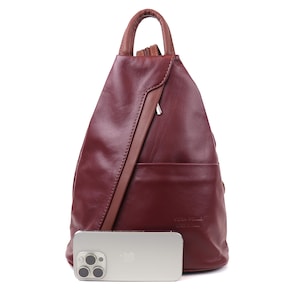 Burgunder und hellbrauner Vera Pelle italienischer, weicher Lederrucksack Handgefertigter Rucksack aus echtem Leder Damen Leder Alltagsrucksack