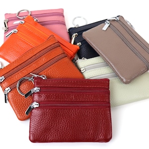 Porte-monnaie en cuir italien à trois fermetures éclair, petite pochette en cuir véritable, mini portefeuille pour la monnaie, porte-cartes de crédit, portefeuille en cuir grainé