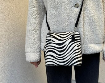 Zebra print Genuine Suede Leather Handbag with Detachable Straps Italian Suede Crossbody Bag Classic Suede Handbag Elegant Women's Bag