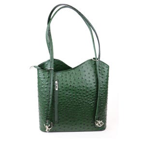 Bolso convertible de cuero italiano estilo avestruz verde oscuro Mochila de cuero genuino Bolso de hombro clásico Bolso multiusos elegante para mujer