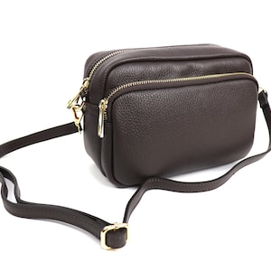 Chocolate Brown Double Zip Italian Leather Handbag with Detachable Straps Genuine Leather Crossbody Bag Classic Handbag Elegant Women&#39;s Bag