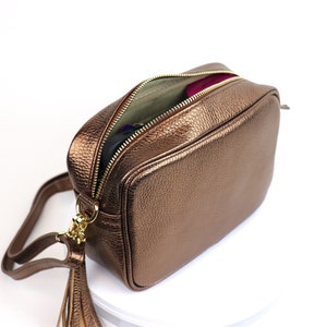 Bronze sac à bandoulière en cuir grainé italien véritable sac à bandoulière minimaliste sac boîte métallique sac à bandoulière en cuir sac élégant pour femme