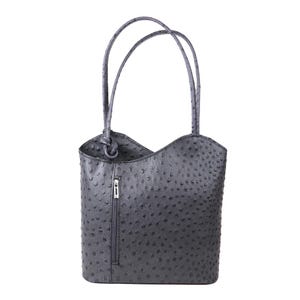 Bolso convertible de cuero italiano estilo avestruz gris oscuro Mochila de cuero genuino Bolso de hombro clásico Bolso multiusos elegante para mujer