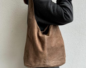 Cali Dark Taupe Genuine Suede Tote Bag Everyday Practical Leather Hobo Bag Large Shoulder Bag Gift For Her and Him School Laptop Bag