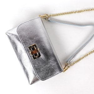 Small Silver Genuine Leather Handbag with Detachable Straps Handmade Leather Clutch, Shoulder, Crossbody Bag Elegant Women&#39;s Handbag