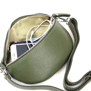 Dark Green Genuine Leather Bumbag Grain Leather Fannypack Italian Leather Sling Bag with Long Straps Compact Crossbody Travel Bag Waist Bag