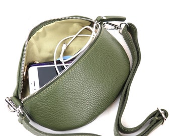Dark Green Genuine Leather Bumbag Grain Leather Fannypack Italian Leather Sling Bag with Long Straps Compact Crossbody Travel Bag Waist Bag