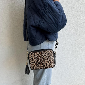Leopard Print Italian Leather Crossbody Bag Black Handmade Genuine Leather Box Bag Minimalist Shoulder Bag Elegant Classic Bag for Women