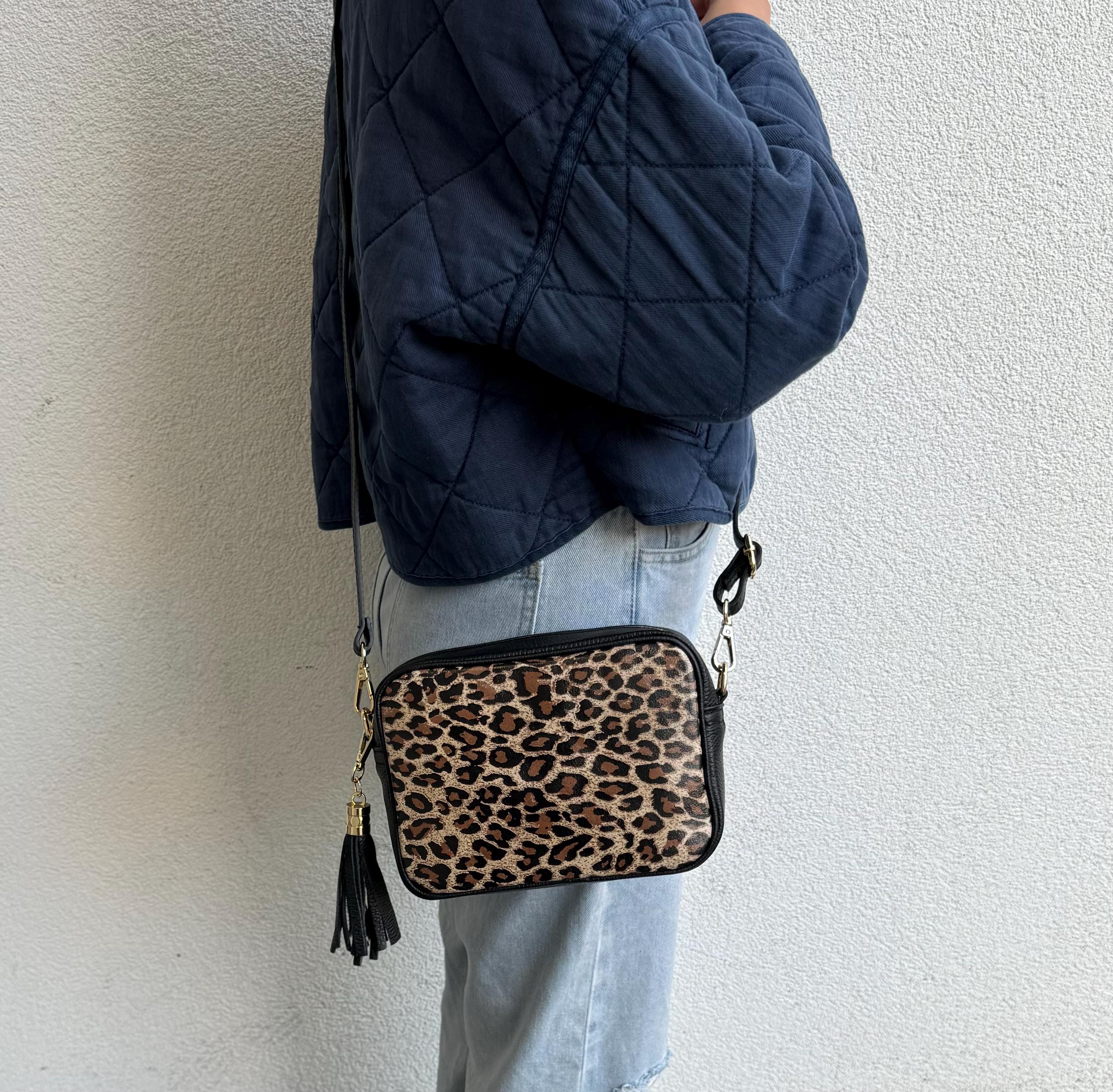 Leopard Print Italian Leather Crossbody Bag Black Handmade