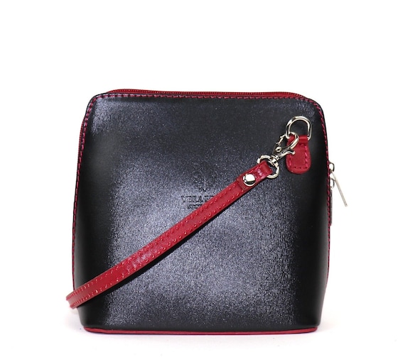 Small Black Red Italian Leather Handbag With Detachable