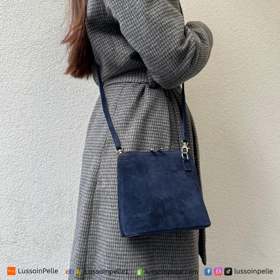 Italian Suede Leather Handbag: Small Navy Crossbody Bag With