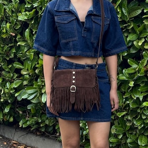 Chocolate Suede Fringe Crossbody Bag: Italian Leather Shoulder Bag