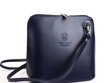 Small Navy Genuine Italian Leather Handbag with Detachable Straps Genuine Leather Crossbody Bag Classic Navy Handbag Elegant Women's Bag