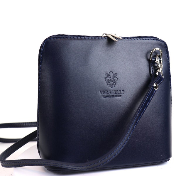 Small Navy Genuine Italian Leather Handbag with Detachable Straps Genuine Leather Crossbody Bag Classic Navy Handbag Elegant Women's Bag