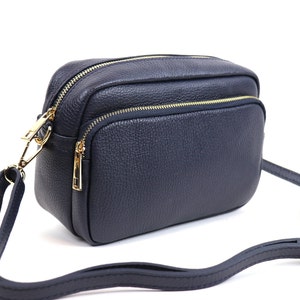 Navy Double Zip Italian Leather Handbag with Detachable Straps Genuine Leather Crossbody Bag Classic Black Handbag Elegant Women's Bag