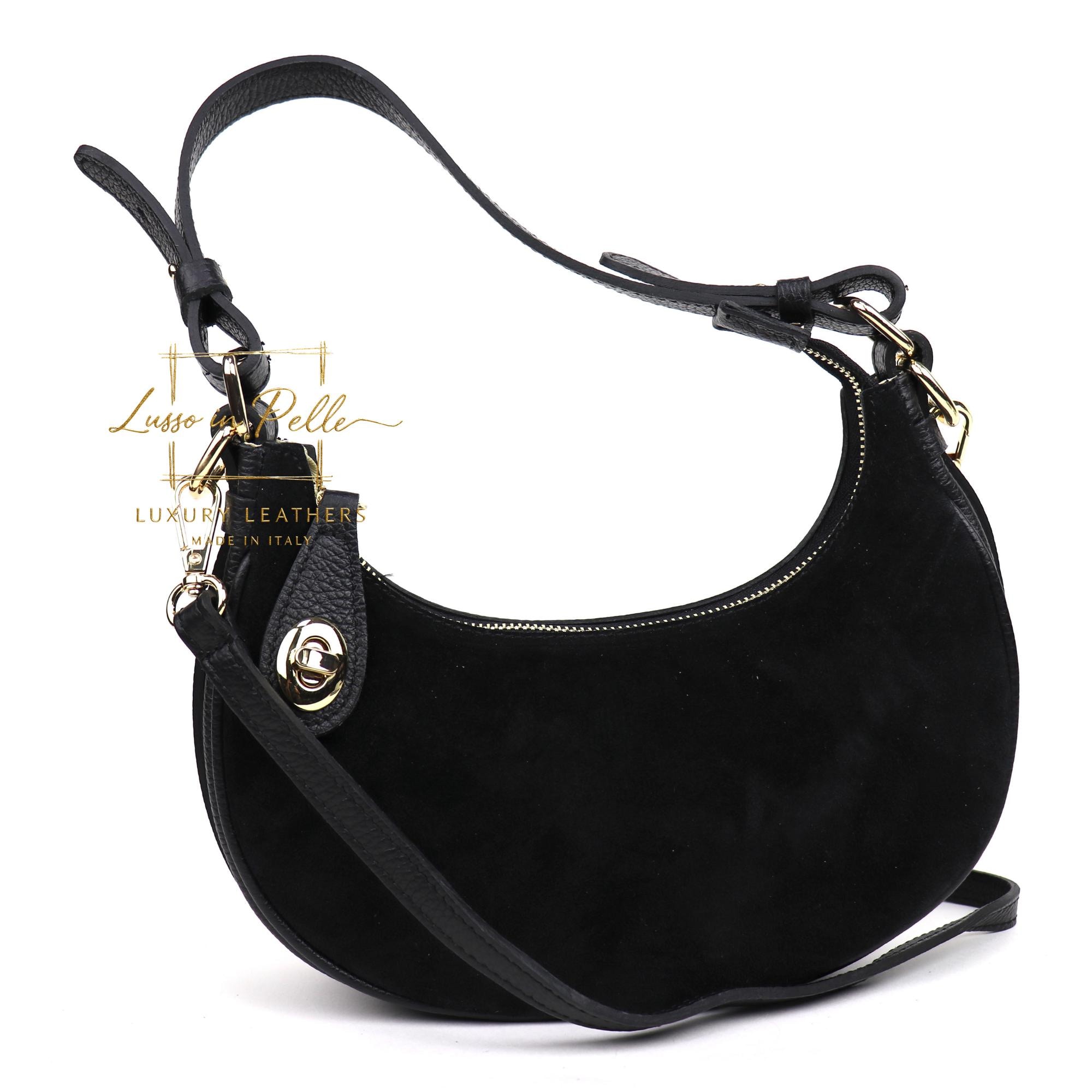 バッグ Vintage leather half moon hand bag Handmade Black Suede Grain Leather Half Moon Bag: Italian Leather