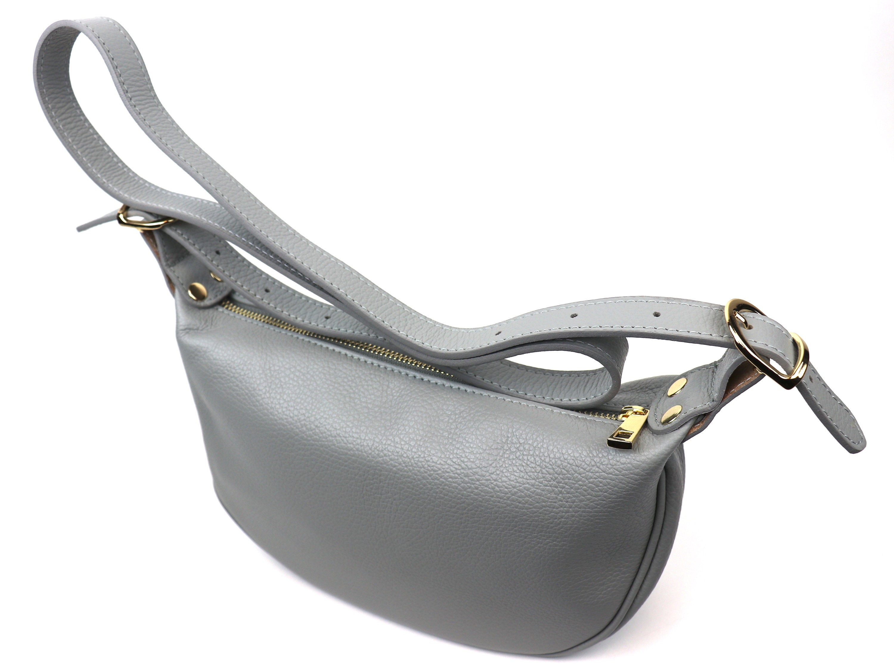 Half Moon Light Grey Genuine Leather Handbag With Detachable