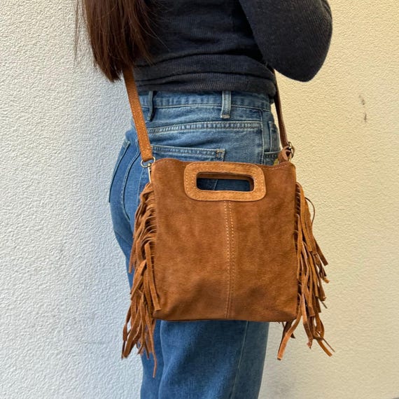Boho Tan Italian Suede Crossbody Bag: Tassel Fringe, Adjustable