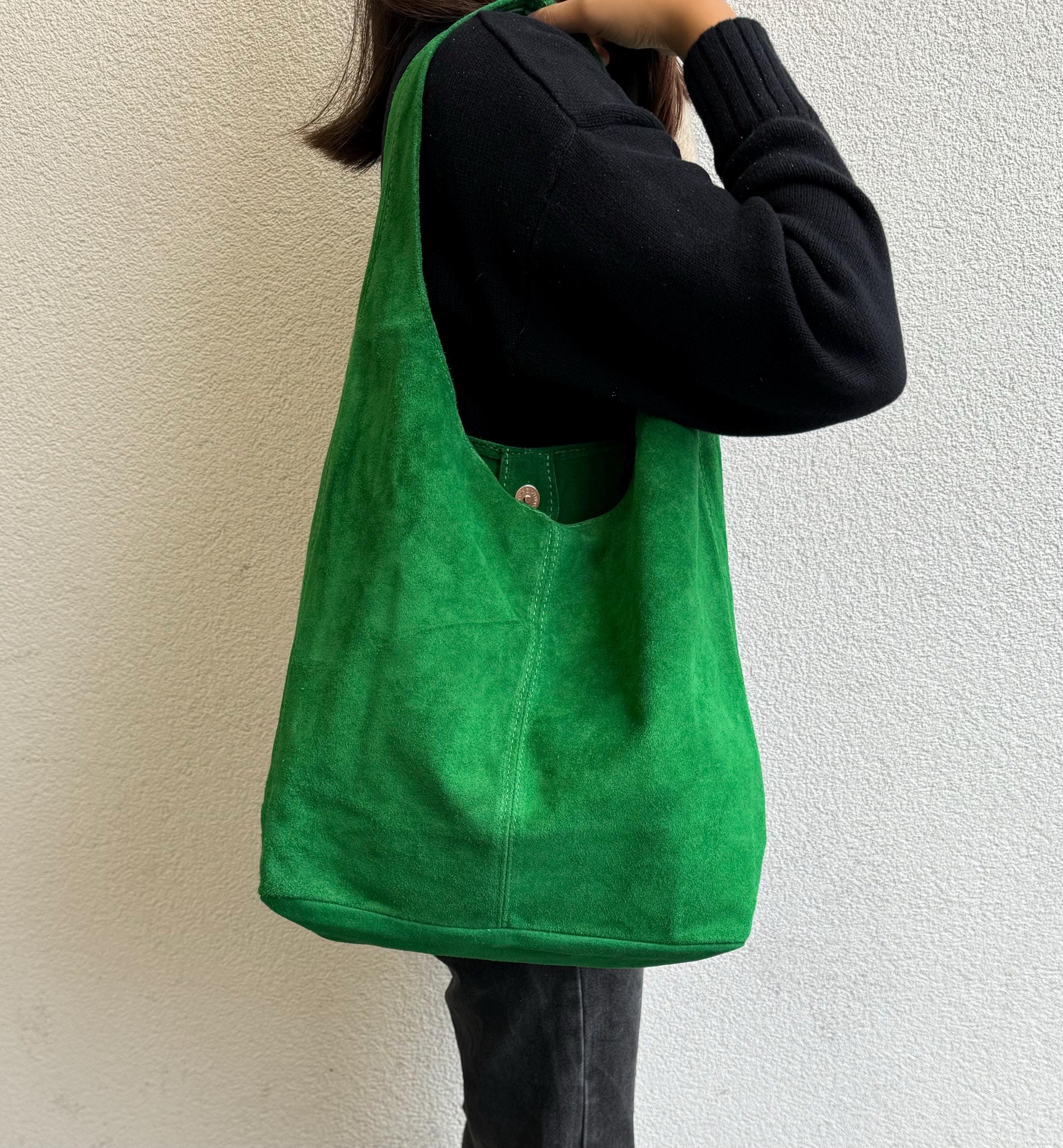 Cali Emerald Green Genuine Suede Tote Bag Everyday Practical Leather Hobo Bag Large Shoulder Bag Gift For Her and Him School Laptop Bag